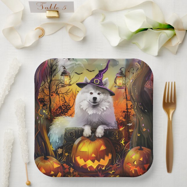 Spooky Samoyed Dog Halloween Witch And Pumpkin Paper Plates (Wedding)