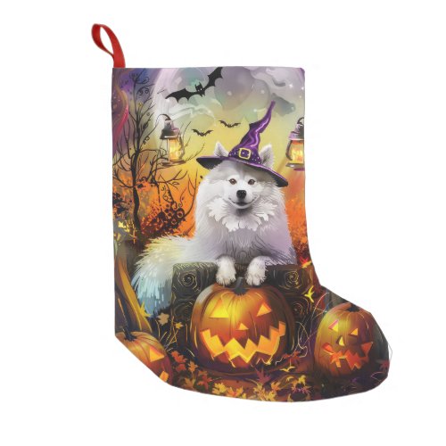 Spooky Samoyed Dog Halloween Witch And Pumpkin Small Christmas Stocking