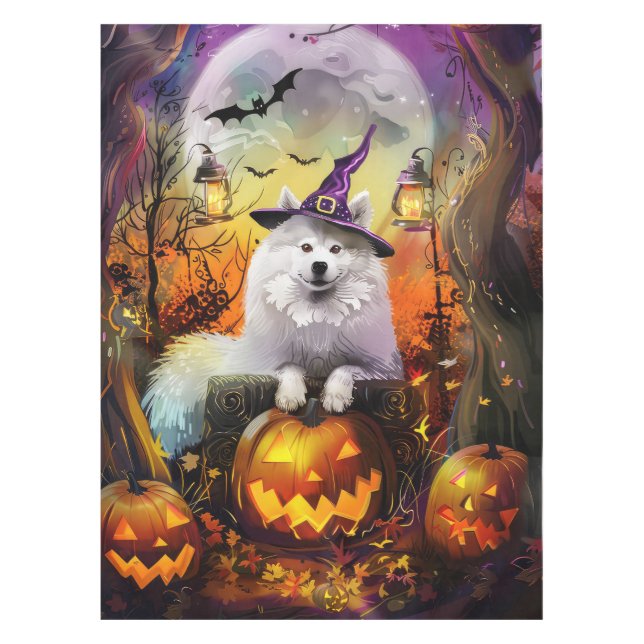 Spooky Samoyed Dog Halloween Witch And Pumpkin Tablecloth (Front)