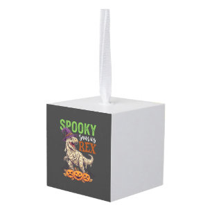 Spooky Saurus Rex Mummy Dinosaur Witch Hat Pumpkin Cube Ornament