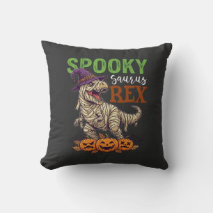 Spooky Saurus Rex Mummy Dinosaur Witch Hat Pumpkin Throw Pillow