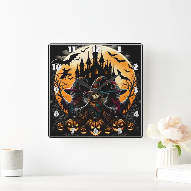 Spooky scarecrow in pumpkin patch square wall clock (Home)