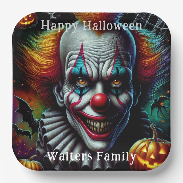 Spooky Scary Clown Halloween Party Personalized Paper Plates (Front)