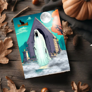 Spooky Scary Ghost Standing in Cemetery Halloween. Holiday Card