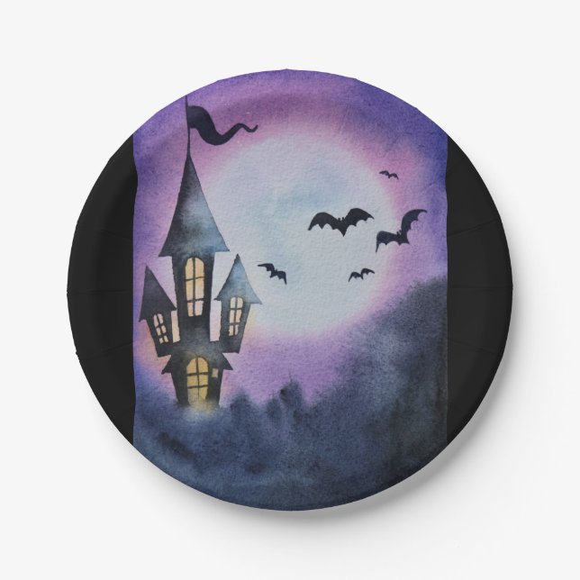 Spooky scene with castle and bats paper plates (Front)