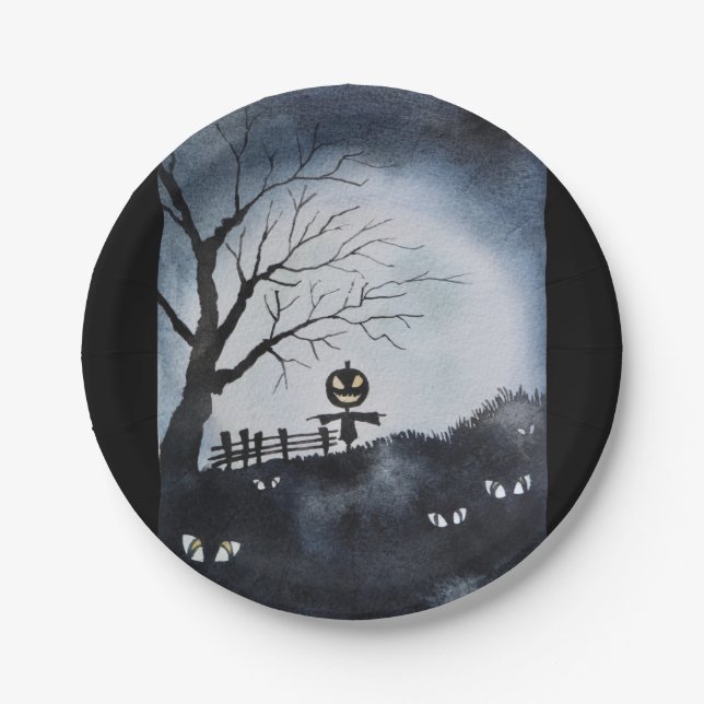 Spooky scene with scary pumpkin head scarecrow paper plates (Front)