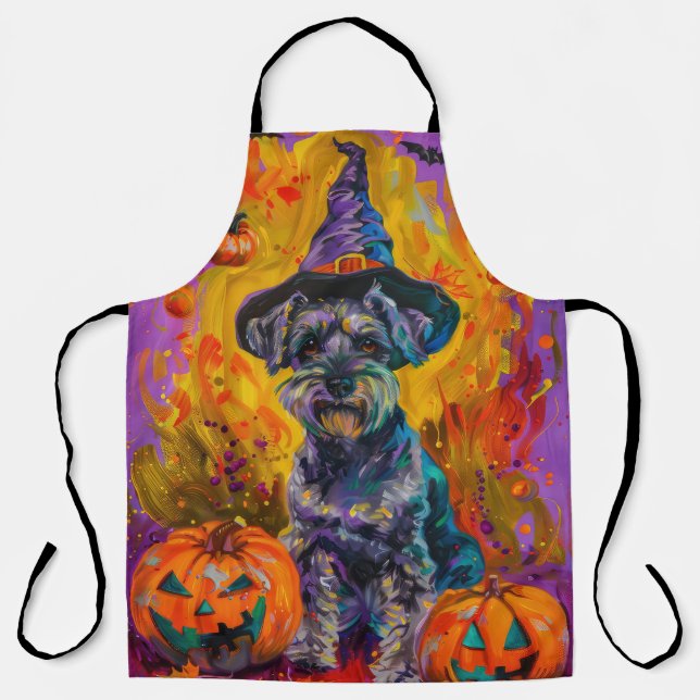 Spooky Schnauzer Dog Halloween Witch And Pumpkin Apron (Front)