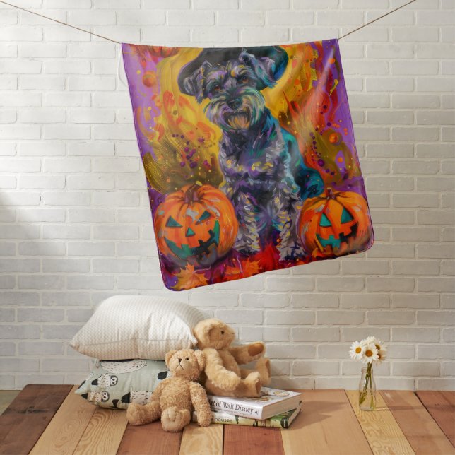Spooky Schnauzer Dog Halloween Witch And Pumpkin Baby Blanket (In Situ)