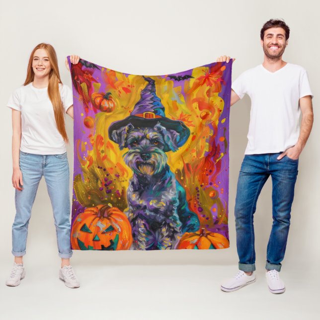 Spooky Schnauzer Dog Halloween Witch And Pumpkin Fleece Blanket (In Situ)