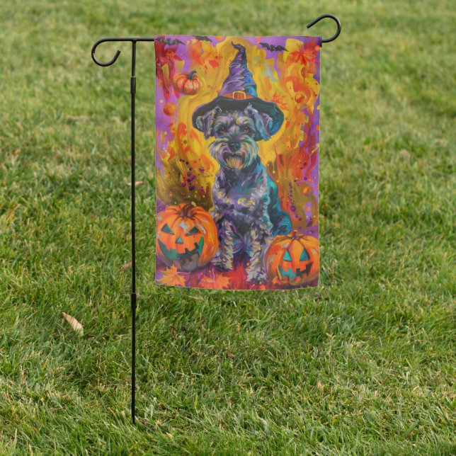 Spooky Schnauzer Dog Halloween Witch And Pumpkin Garden Flag (In SItu)