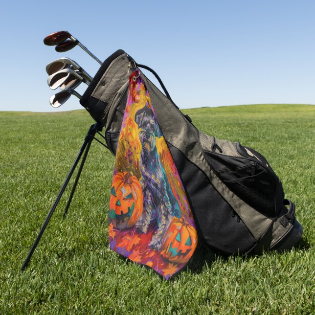 Spooky Schnauzer Dog Halloween Witch And Pumpkin Golf Towel (Green)