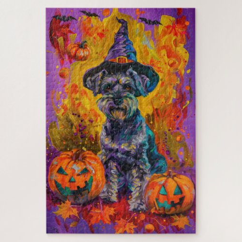 Spooky Schnauzer Dog Halloween Witch And Pumpkin Jigsaw Puzzle