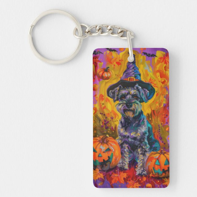 Spooky Schnauzer Dog Halloween Witch And Pumpkin Keychain (Front)