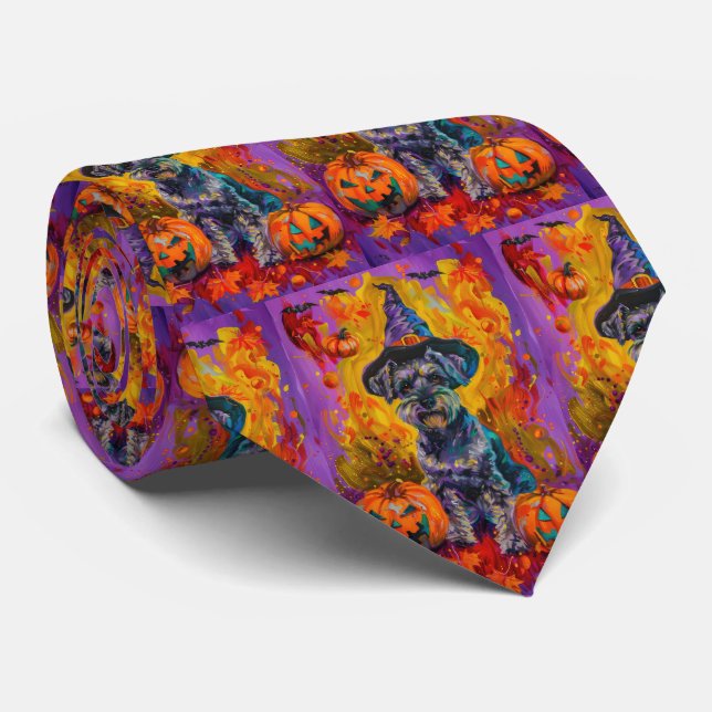 Spooky Schnauzer Dog Halloween Witch And Pumpkin Neck Tie (Rolled)