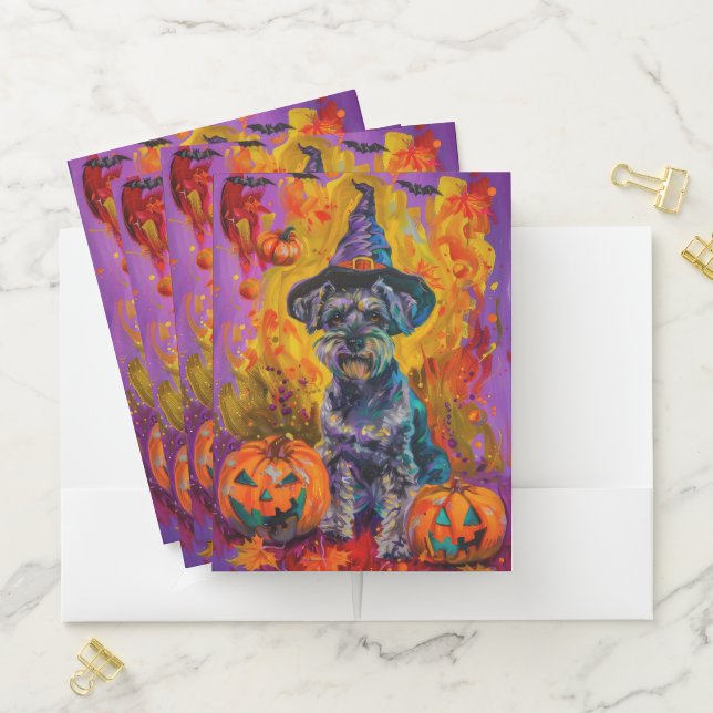 Spooky Schnauzer Dog Halloween Witch And Pumpkin Pocket Folder (In Situ)