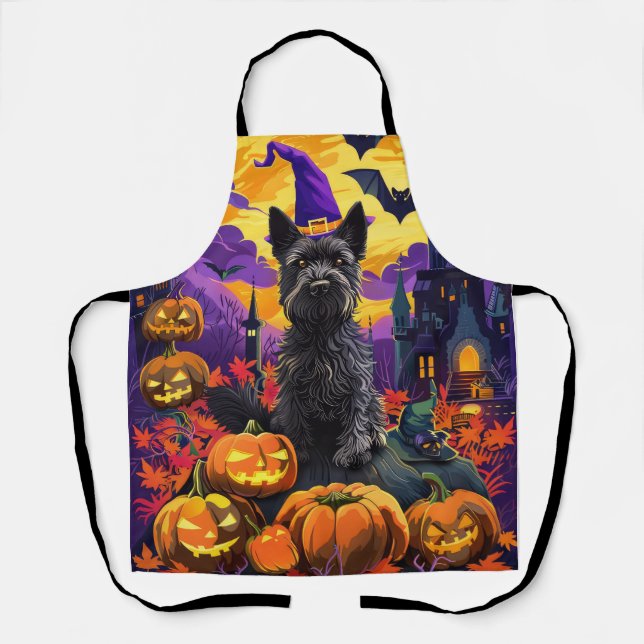 Spooky Scottish Terrier Halloween Witch Pumpkin Apron (Front)