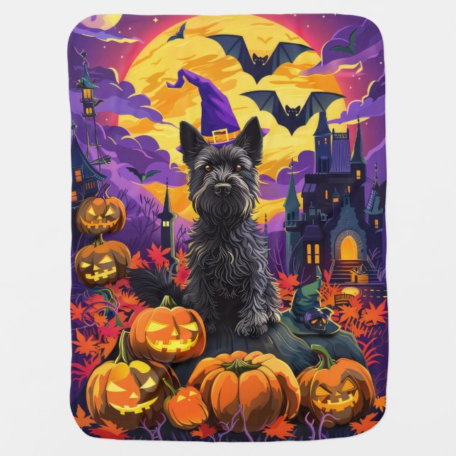 Spooky Scottish Terrier Halloween Witch Pumpkin Baby Blanket (Front)