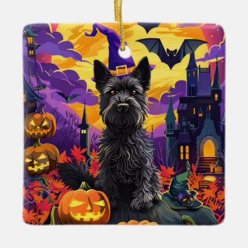 Spooky Scottish Terrier Halloween Witch Pumpkin Ceramic Ornament