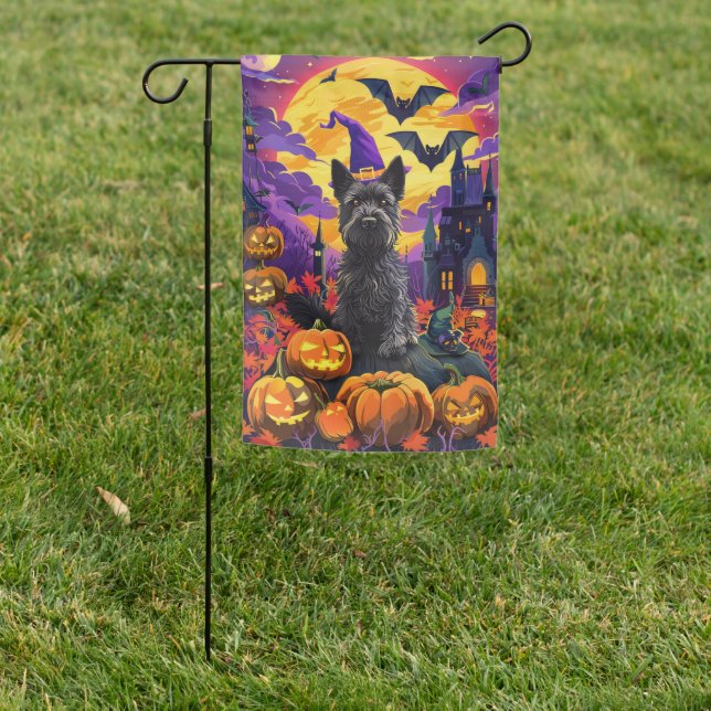 Spooky Scottish Terrier Halloween Witch Pumpkin Garden Flag (In SItu)