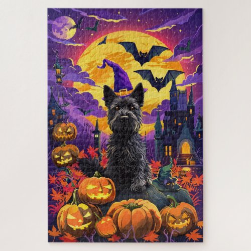 Spooky Scottish Terrier Halloween Witch Pumpkin Jigsaw Puzzle