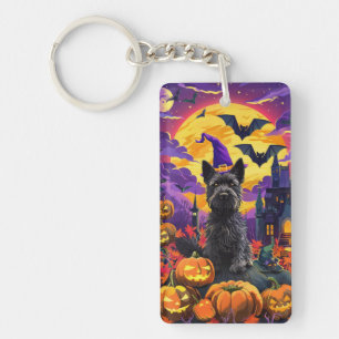 Spooky Scottish Terrier Halloween Witch Pumpkin Keychain