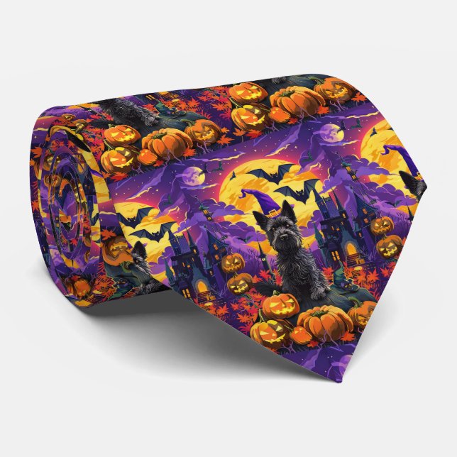 Spooky Scottish Terrier Halloween Witch Pumpkin Neck Tie (Rolled)