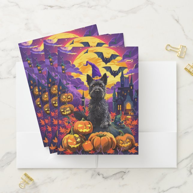 Spooky Scottish Terrier Halloween Witch Pumpkin Pocket Folder (In Situ)