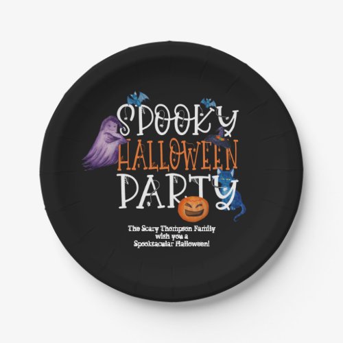 Spooky Script Halloween Party Name black Paper Plates