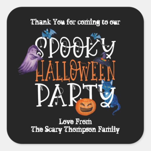 Spooky Script Halloween Party Thank You Black Squa Square Sticker