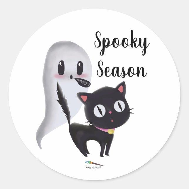 Spooky Season | Black Halloween Cat Classic Round Sticker (Front)