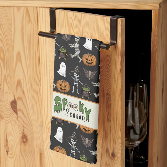 Spooky Season Black Halloween Pattern Kitchen Towel (Thirds Fold)