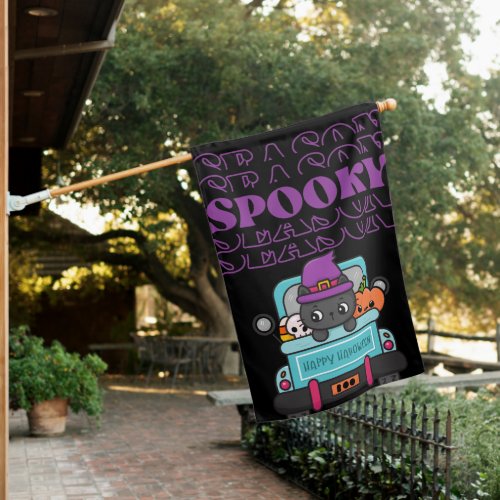 Spooky Season Cute Cat Vintage Truck House Flag