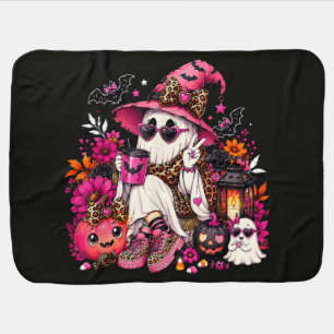 Spooky Season Cute Ghost in Witch Hat and Pumpkin Baby Blanket