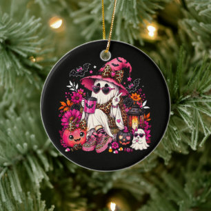 Spooky Season Cute Ghost in Witch Hat and Pumpkin Ceramic Ornament