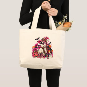 Spooky Season Cute Ghost in Witch Hat and Pumpkin Large Tote Bag