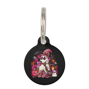 Spooky Season Cute Ghost in Witch Hat and Pumpkin Pet ID Tag
