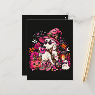 Spooky Season Cute Ghost in Witch Hat and Pumpkin Postcard
