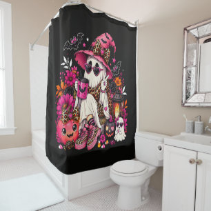 Spooky Season Cute Ghost in Witch Hat and Pumpkin Shower Curtain