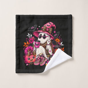 Spooky Season Cute Ghost in Witch Hat and Pumpkin Wash Cloth