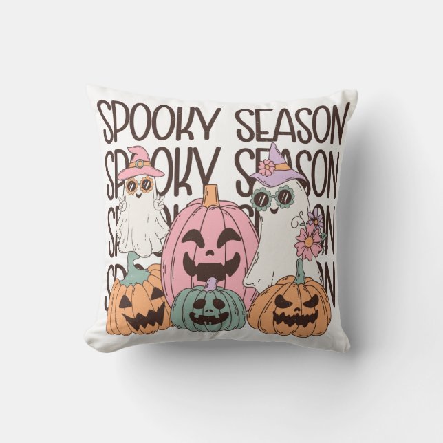 Spooky Season Cute Ghost Pumpkin Retro Halloween Throw Pillow (Front)