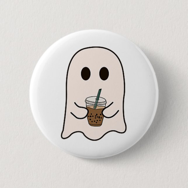 Spooky Season Cute Little Ghost Ice Coffee Hallowe Button (Front)