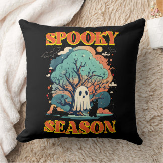 Spooky Season Ghost & Black Cat Halloween Design Throw Pillow