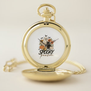 Spooky Season Ghost Retro Spooky Floral Halloween Pocket Watch