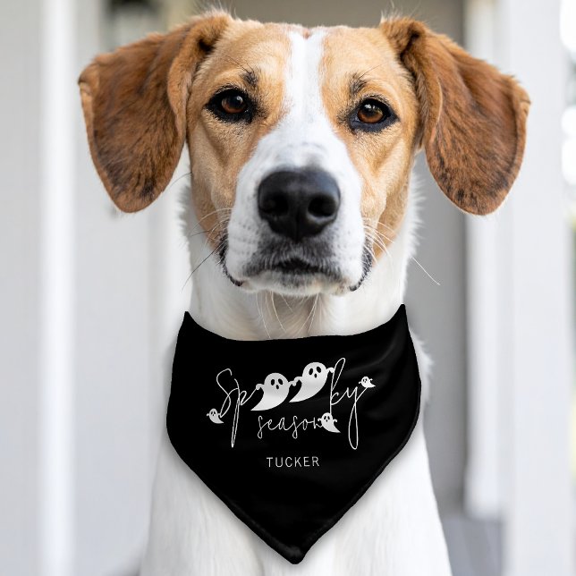Spooky Season Ghosts On Black Pet Name Halloween Bandana Collar (Creator Uploaded)