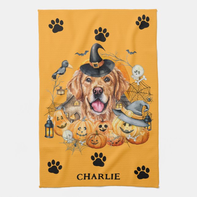 Spooky Season Golden Retriever Halloween Custom Kitchen Towel (Vertical)