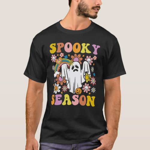 Spooky Season Groovy  Floral Halloween Ghost T_Shirt