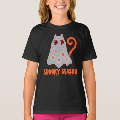 Spooky Season Groovy Ghost Cat Halloween T_Shirt