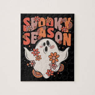 Spooky Season Groovy Ghost With Vintage Flowers Ji Jigsaw Puzzle