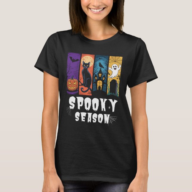 Spooky Season Halloween Black Cat Ghost Haunted T-Shirt (Front)