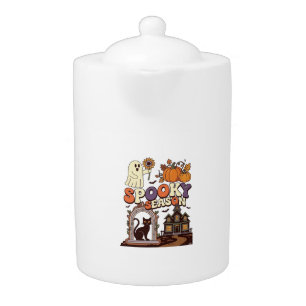 Spooky Season Halloween Ghost Pumpkin Black Cat Ha Teapot